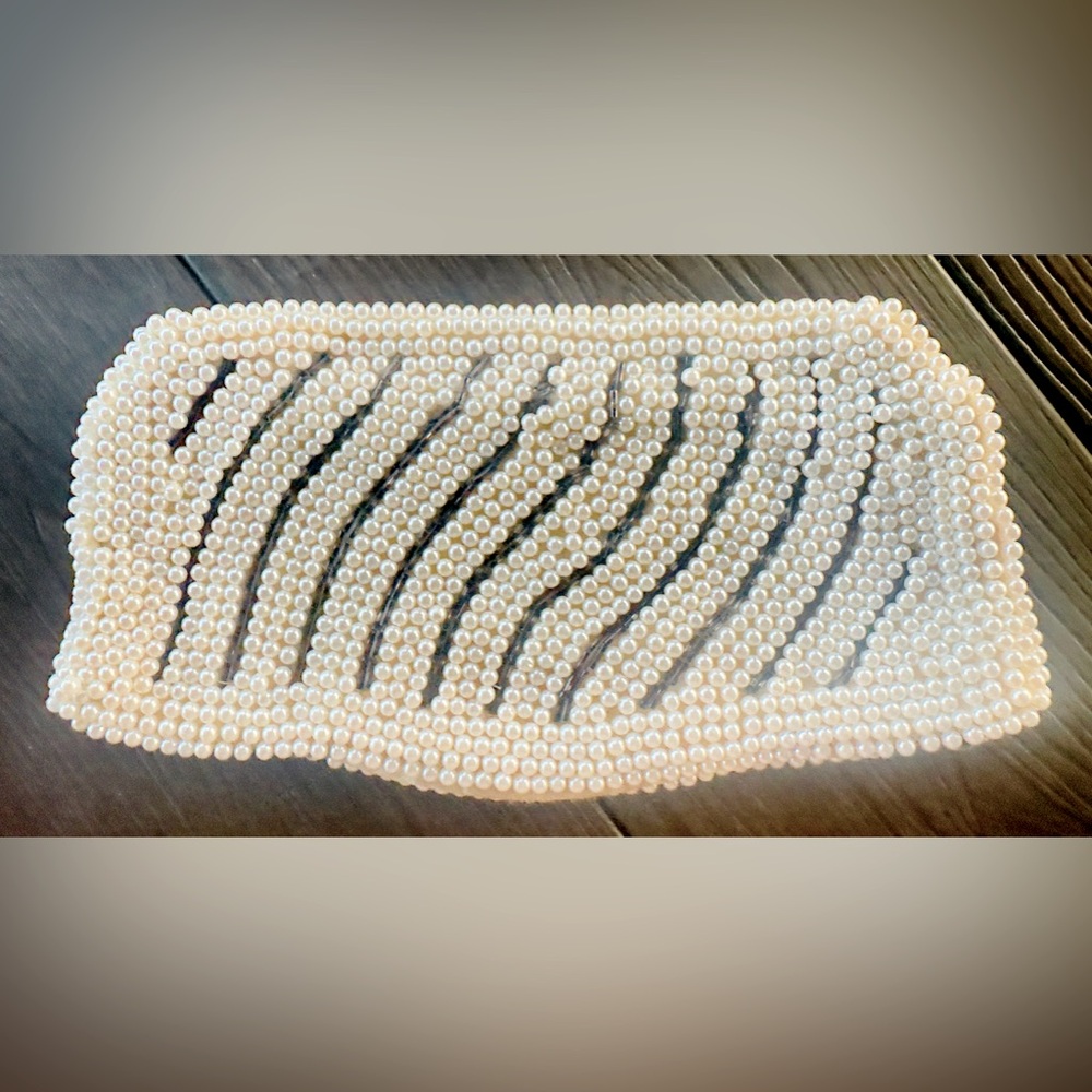 Vintage Hand Beaded White Pearl Grey Baguette Sequin Clutch Purse Mini Bag Retro